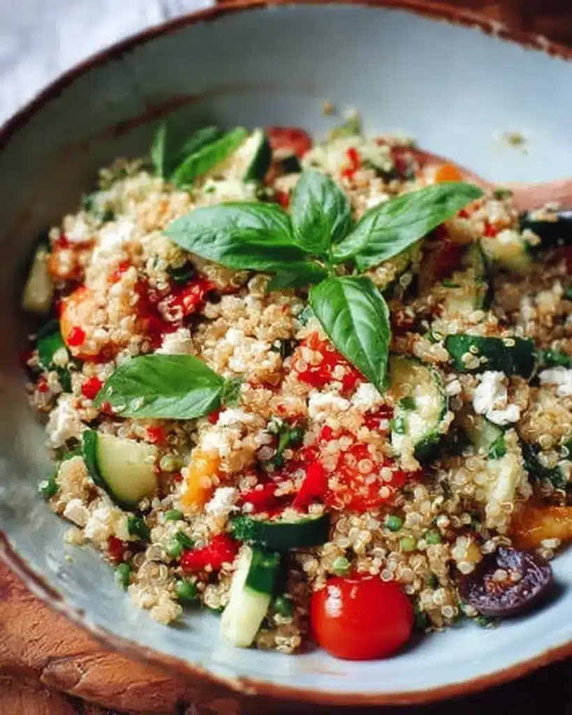 Colorful quinoa salad with vegetables and herbs in a bowl