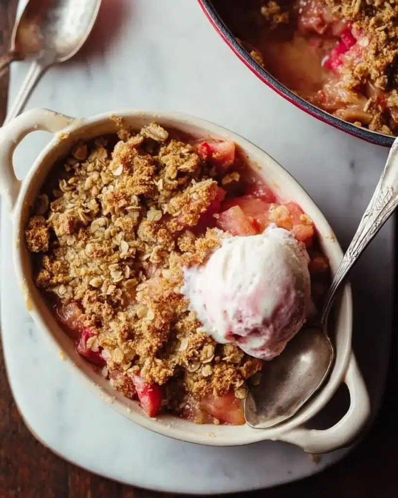 Delicious homemade rhubarb crisp served in a bowl with a scoop of ice cream