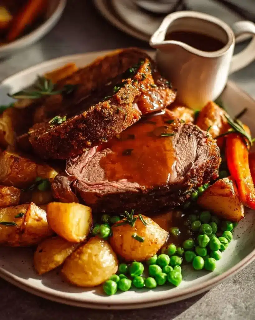 Succulent roast lamb leg served with homemade gravy on a white platter