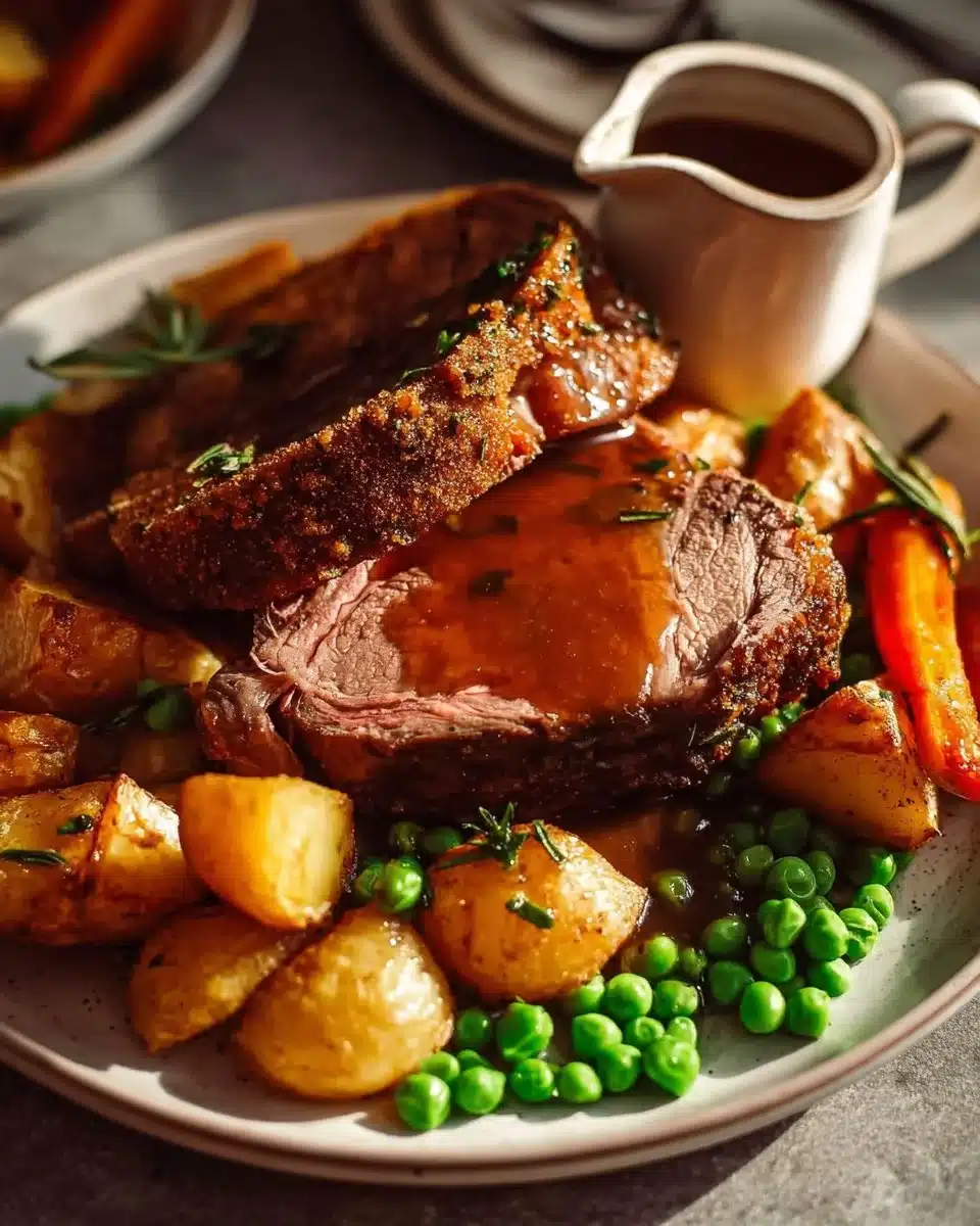 Succulent roast lamb leg served with homemade gravy on a white platter
