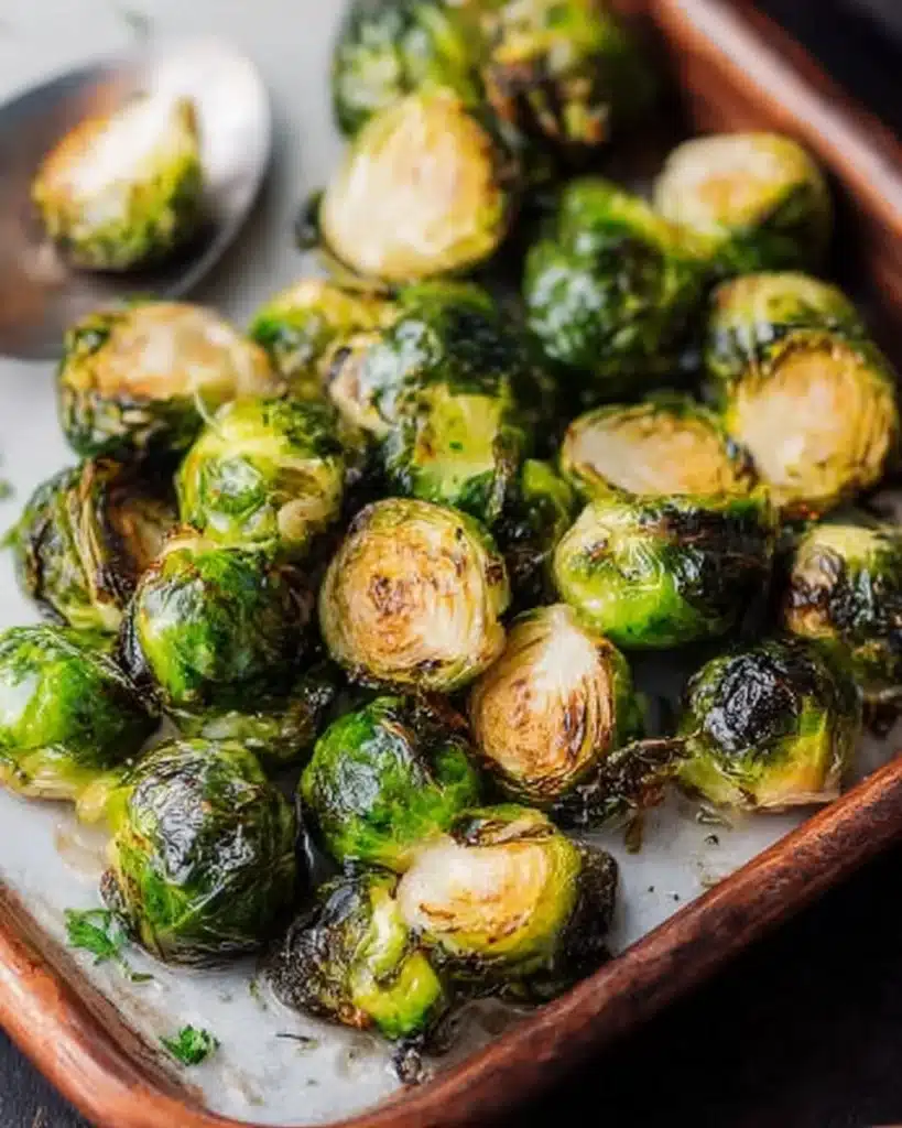 Delicious roasted Brussels sprouts served in a bowl with seasonings.