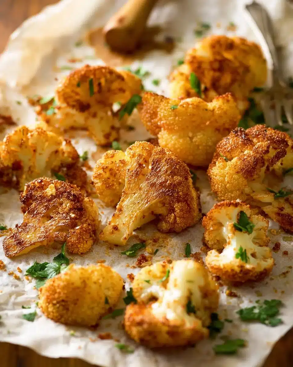 Roasted Parmesan Crusted Cauliflower on a plate, garnished with herbs.