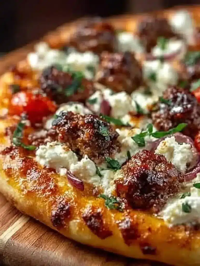 Sausage Feta Pizza topped with savory sausage and crumbled feta cheese