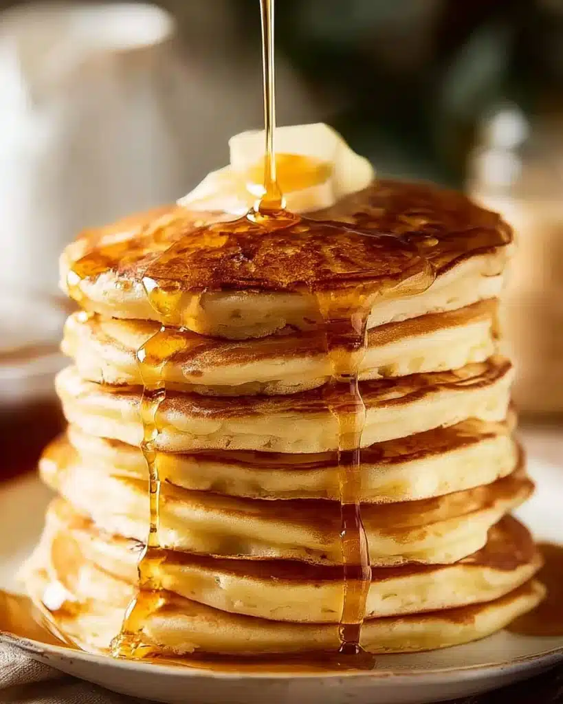 Stack of simple fluffy pancakes on a plate with syrup and berries