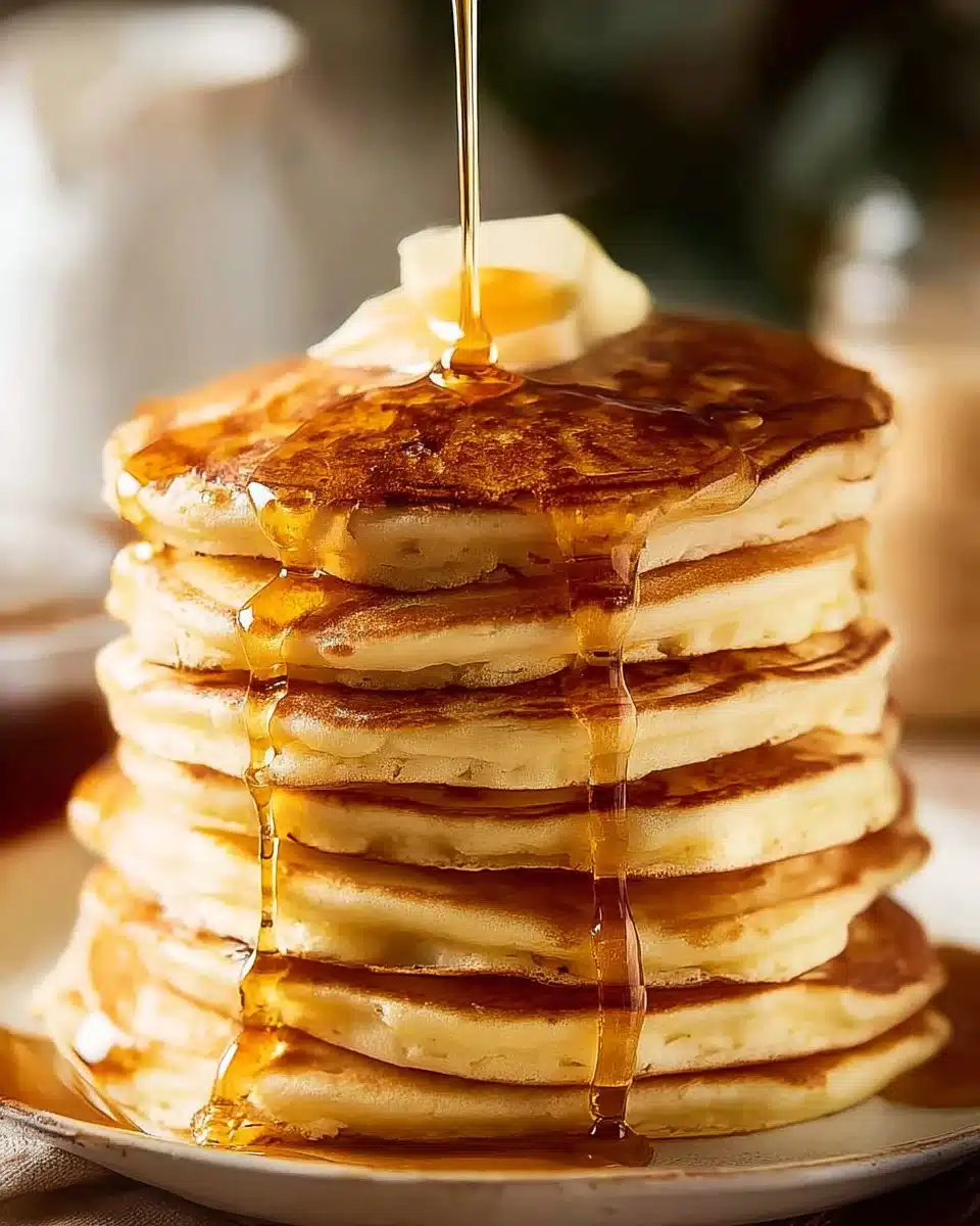 Stack of simple fluffy pancakes on a plate with syrup and berries