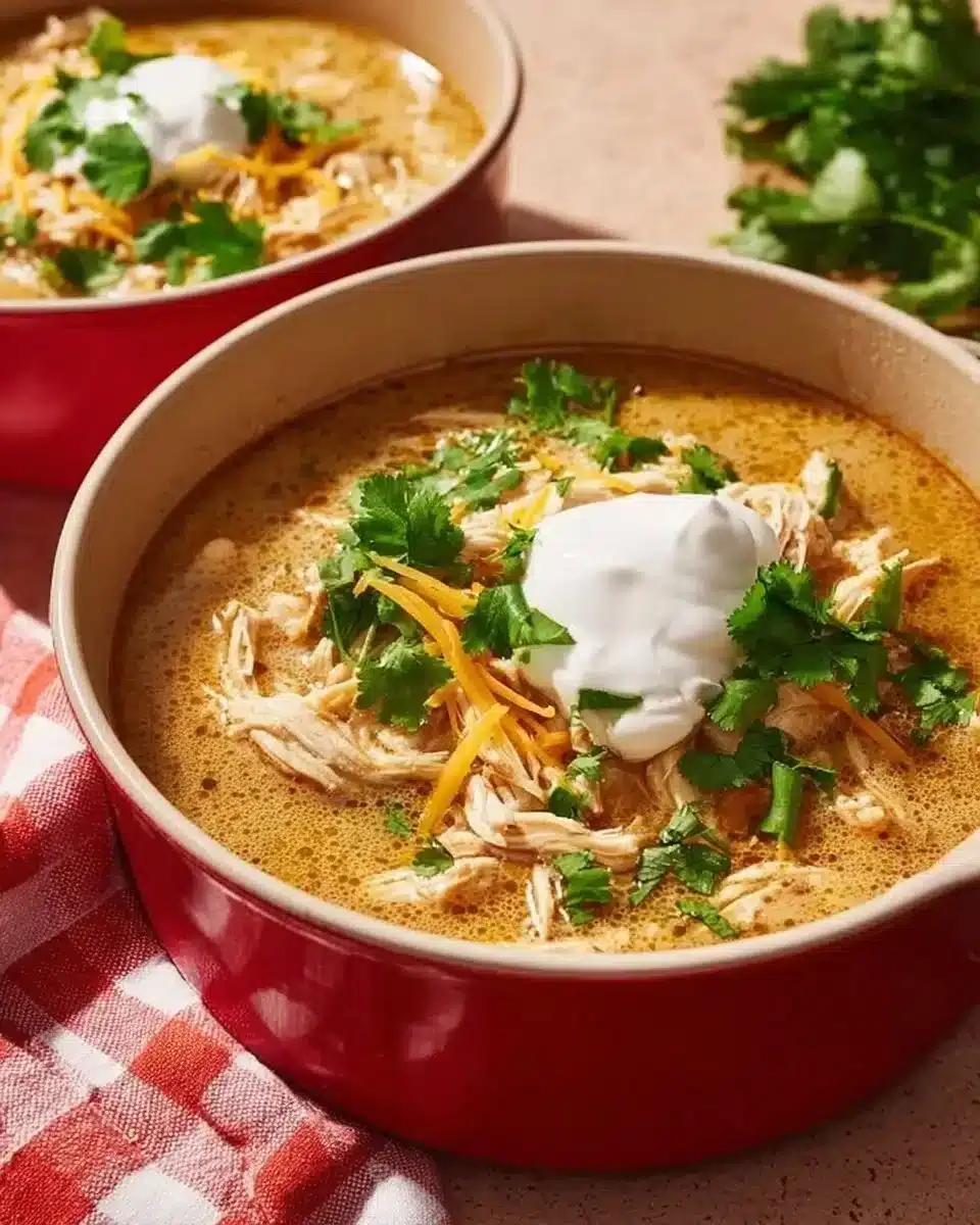 Bowl of Keto Chicken Chili with white chicken and spices