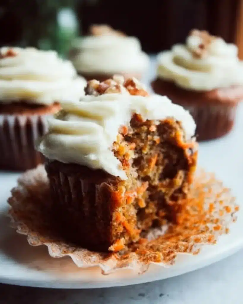 Deliciously frosted carrot cake cupcakes on a rustic table