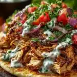 Slow cooker chicken shawarma dish with shredded chicken and spices