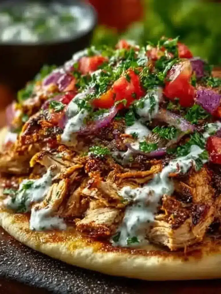 Slow cooker chicken shawarma dish with shredded chicken and spices