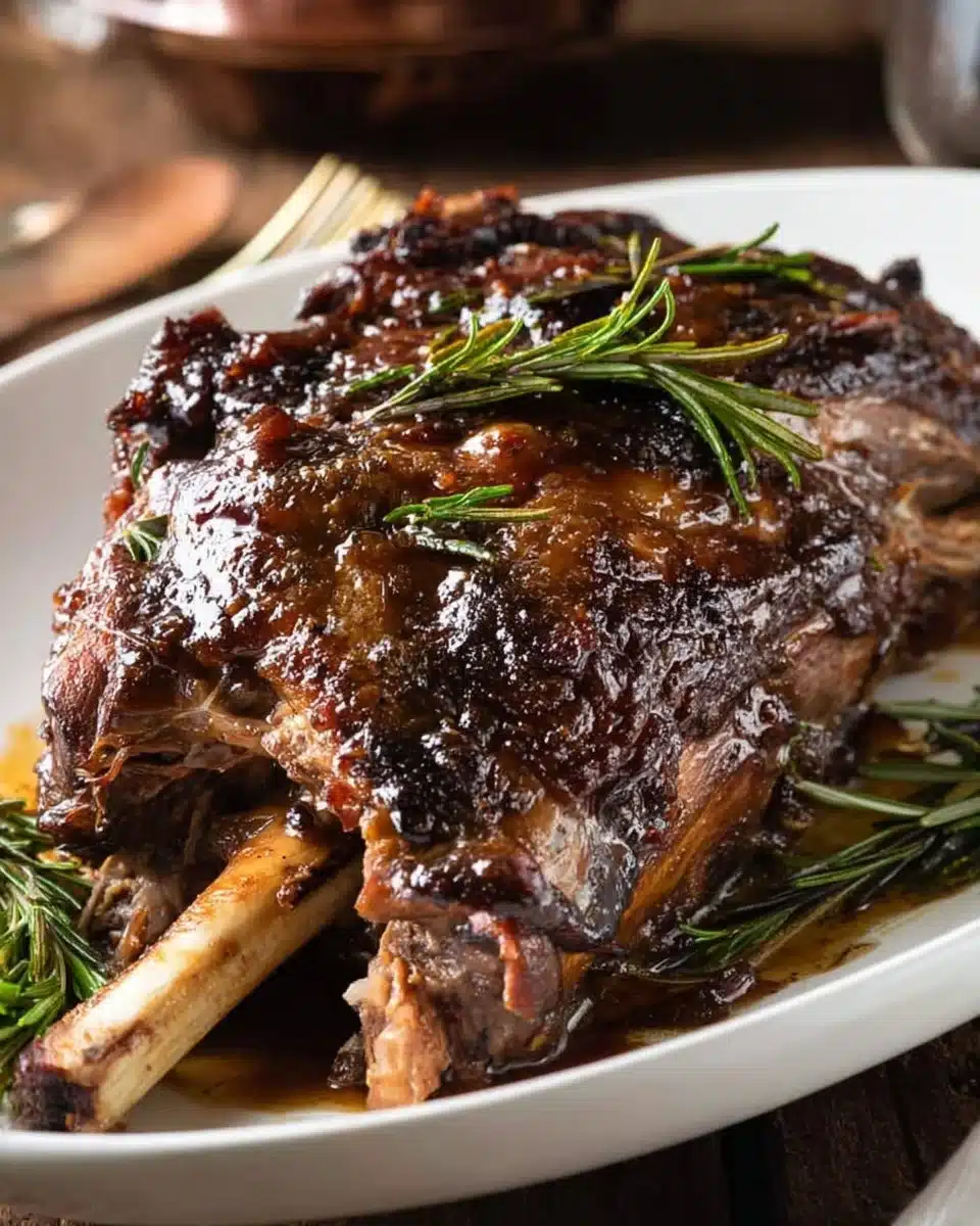 Slow roasted leg of lamb served with herbs and vegetables