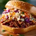 Smoky pulled jackfruit sandwich served on a rustic wooden plate