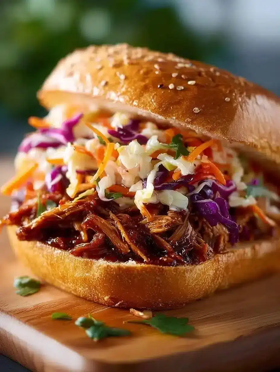 Smoky pulled jackfruit sandwich served on a rustic wooden plate