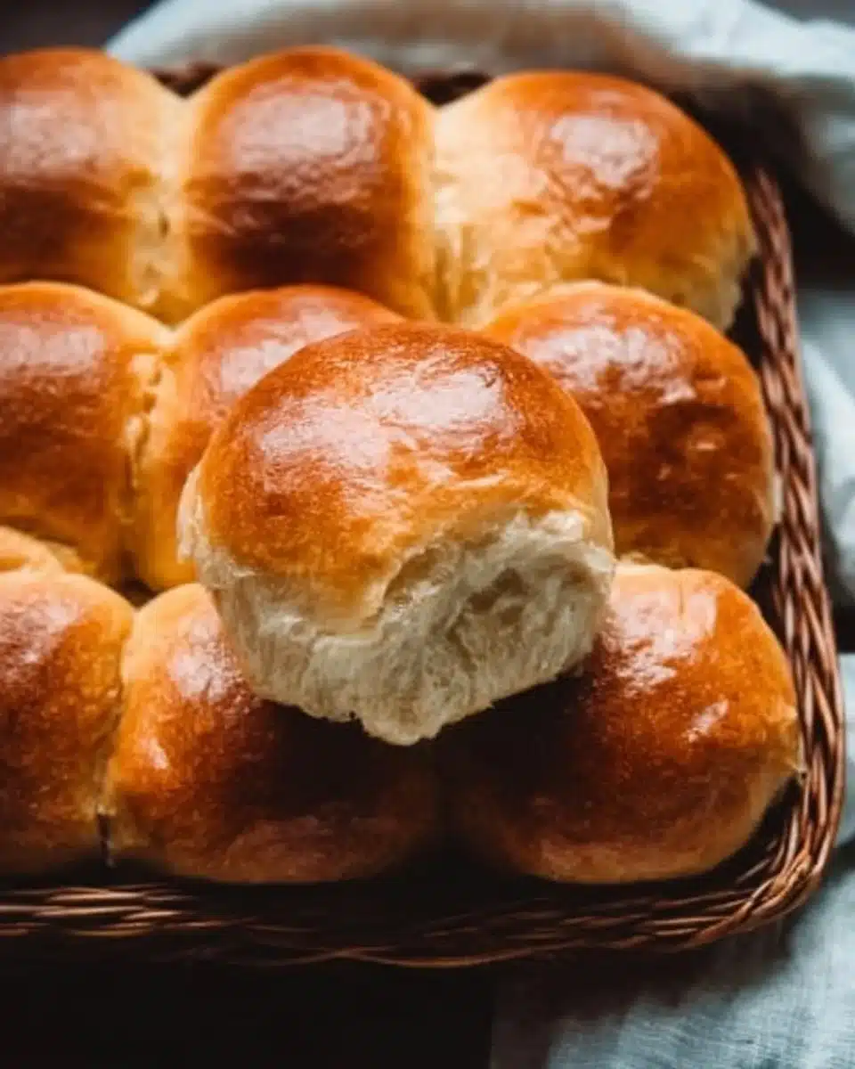 Soft dinner rolls fresh out of the oven, golden brown and fluffy.