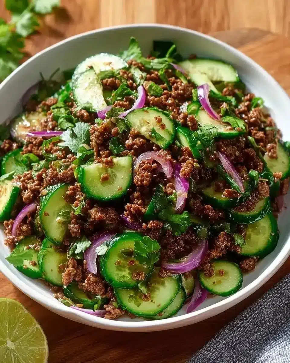Spicy Korean Ground Beef with Cucumber Salad 1 Plate of Spicy Korean Ground Beef served with a fresh Cucumber Salad.