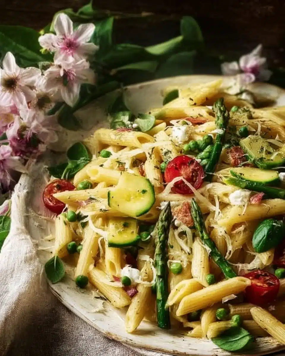 Bowl of colorful spring pasta topped with fresh vegetables
