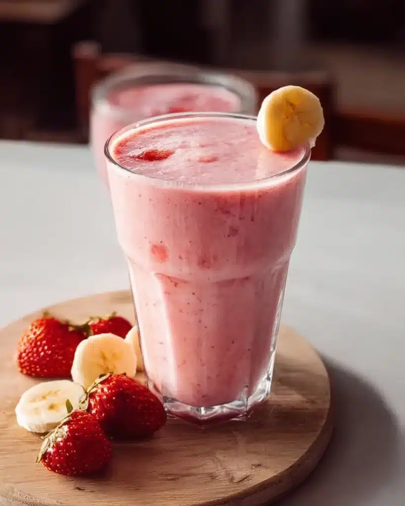 Delicious strawberry banana smoothie in a glass with fresh fruit