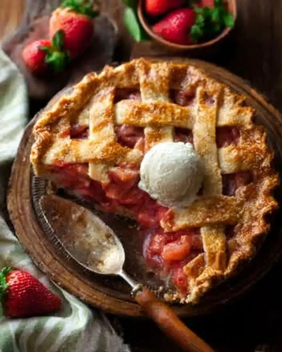 Delicious homemade strawberry rhubarb pie with a flaky crust