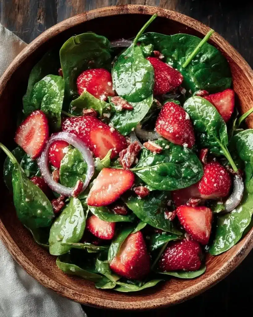 Delicious Strawberry Spinach Salad with fresh strawberries and spinach leaves