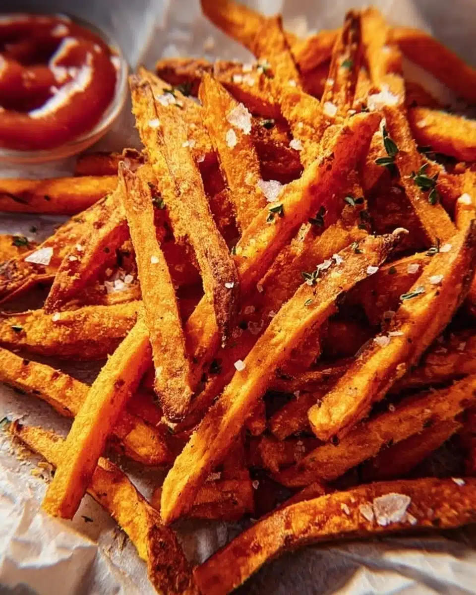 Crispy sweet potato fries served on a plate with dipping sauce