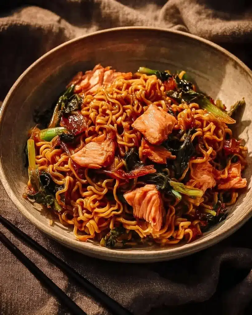 Teriyaki salmon noodles served in a bowl with vibrant vegetables
