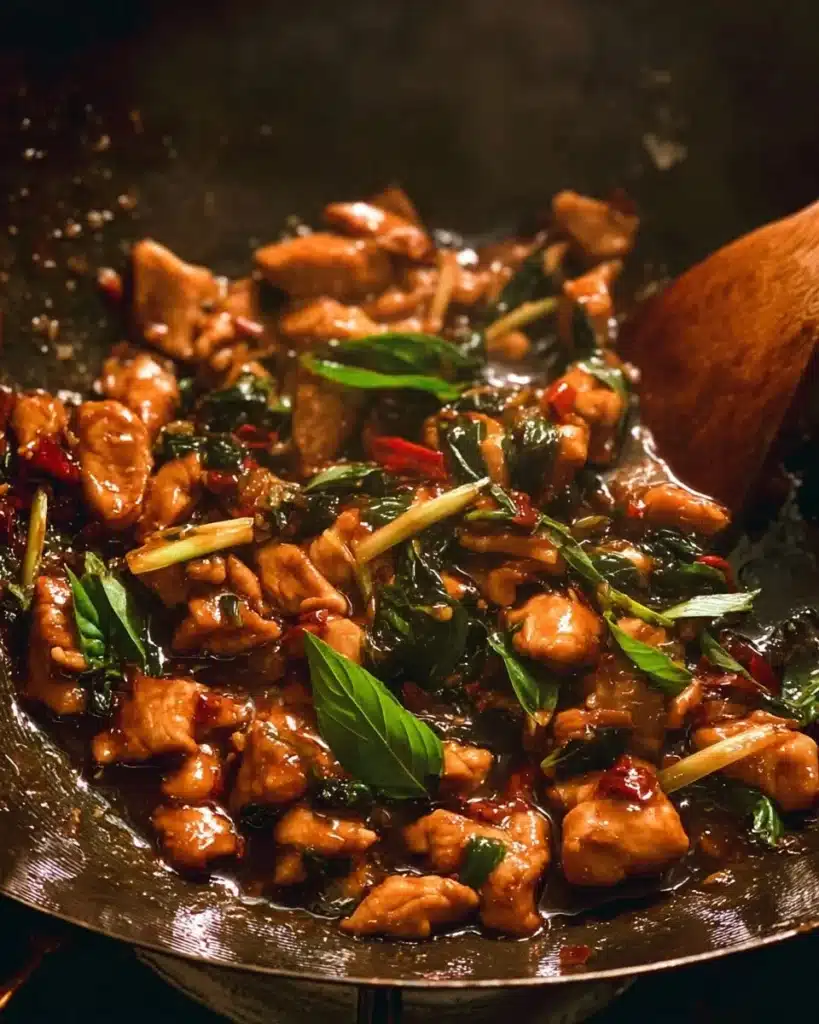 Delicious Thai Chilli Basil Chicken dish served with fresh basil and chilies.