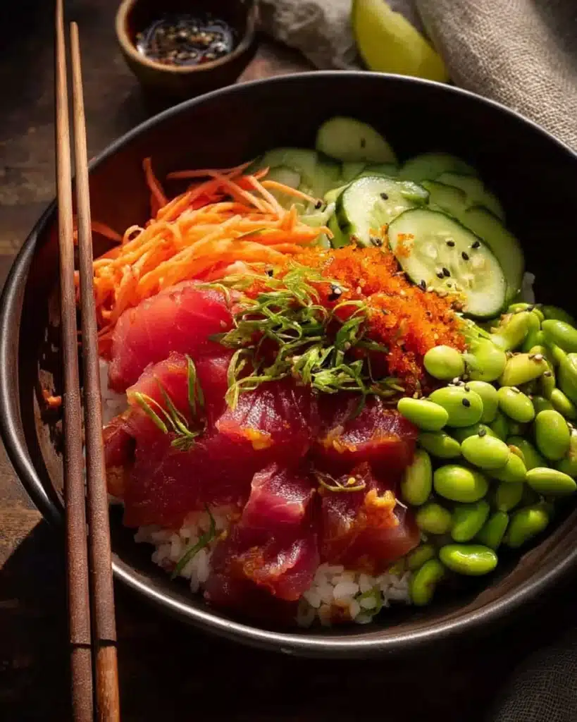 Deliciously prepared Tuna Poke Bowl with fresh ingredients and vibrant colors.
