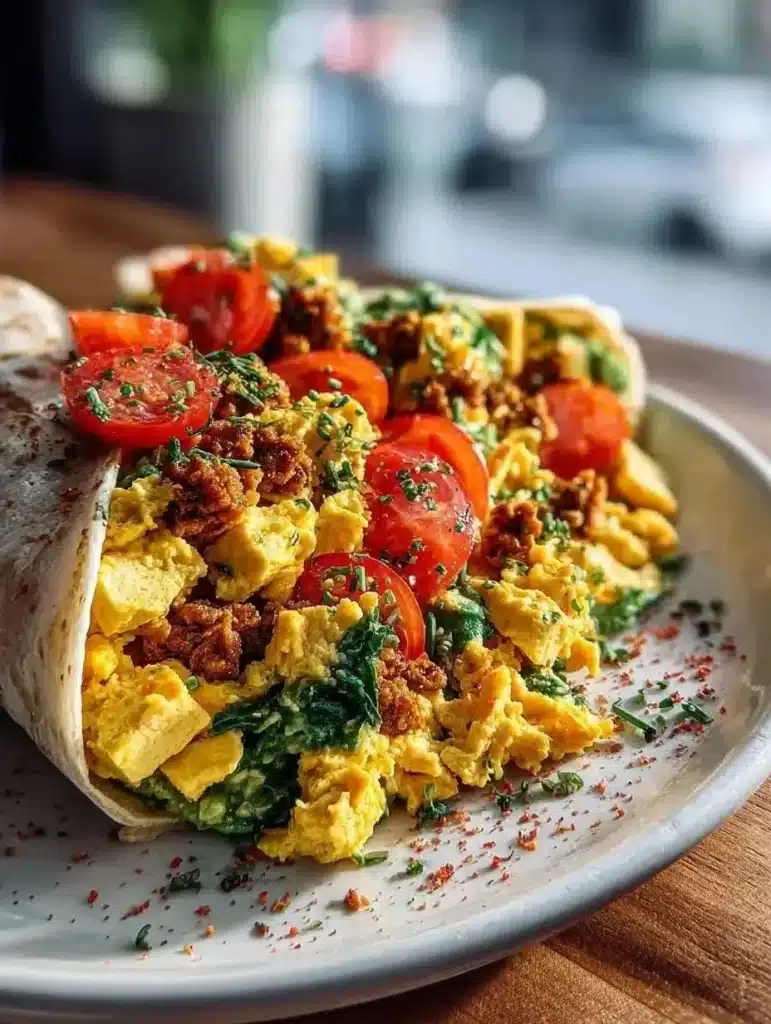 Delicious vegan tofu scramble served with fresh vegetables on a plate.