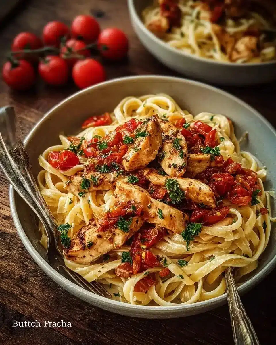 Bruschetta-Style Chicken with pasta served with fresh tomatoes and basil