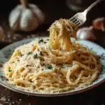 Cheesy Garlic Parmesan Spaghetti garnished with herbs and cheese