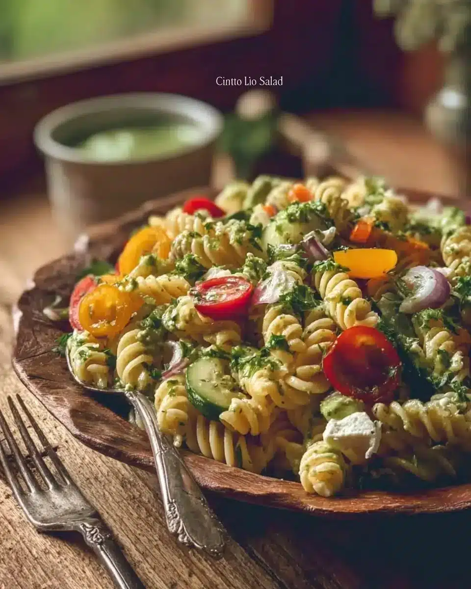A vibrant cilantro-lime pasta salad served in a bowl with fresh vegetables.