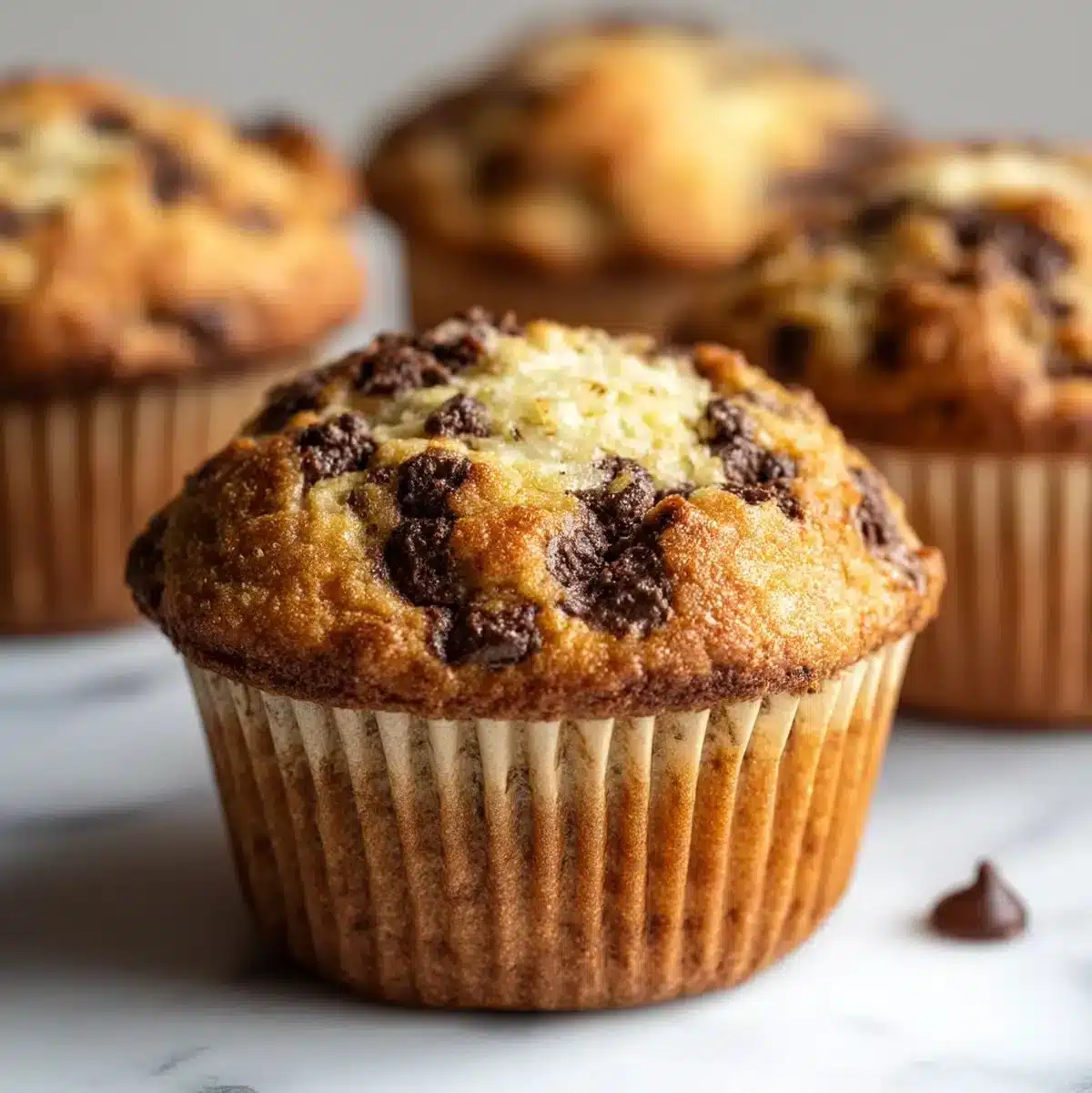 Cream cheese-filled banana chocolate chip muffins on a wooden table