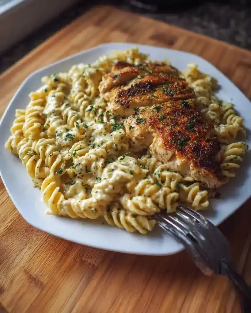 Plate of creamy garlic parmesan chicken pasta garnished with parsley
