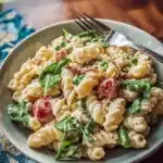 Creamy pasta salad with fresh herbs and colorful vegetables in a bowl.