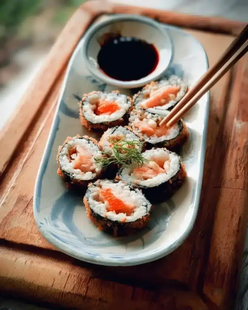 Delicious crispy spicy salmon sushi rolls with vibrant ingredients