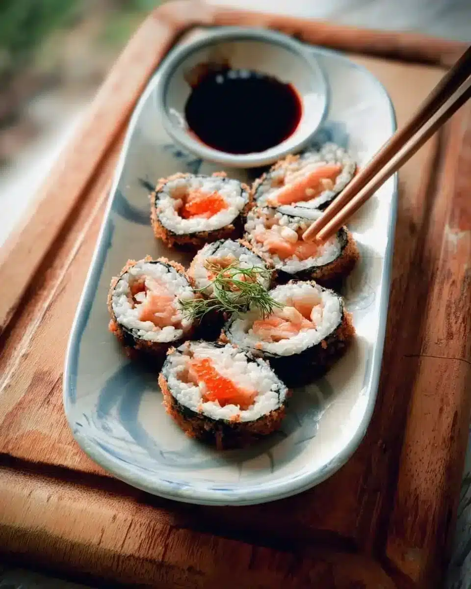 Delicious crispy spicy salmon sushi rolls with vibrant ingredients