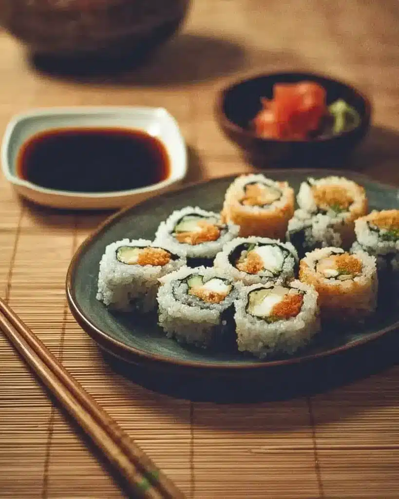 Crispy tempura sushi rolls with fresh ingredients and dipping sauce