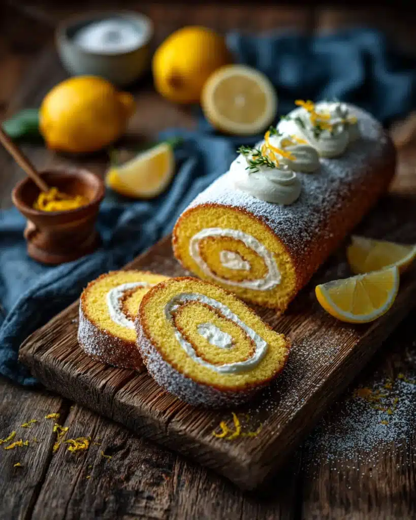 Lemon cream swiss roll sliced on cutting board showing cream spiral, top view