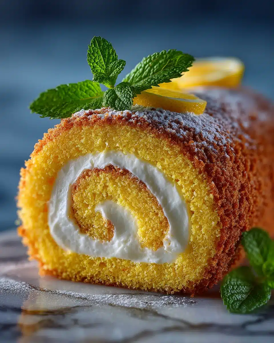 Cross section of lemon swiss roll showing lemon cream filling