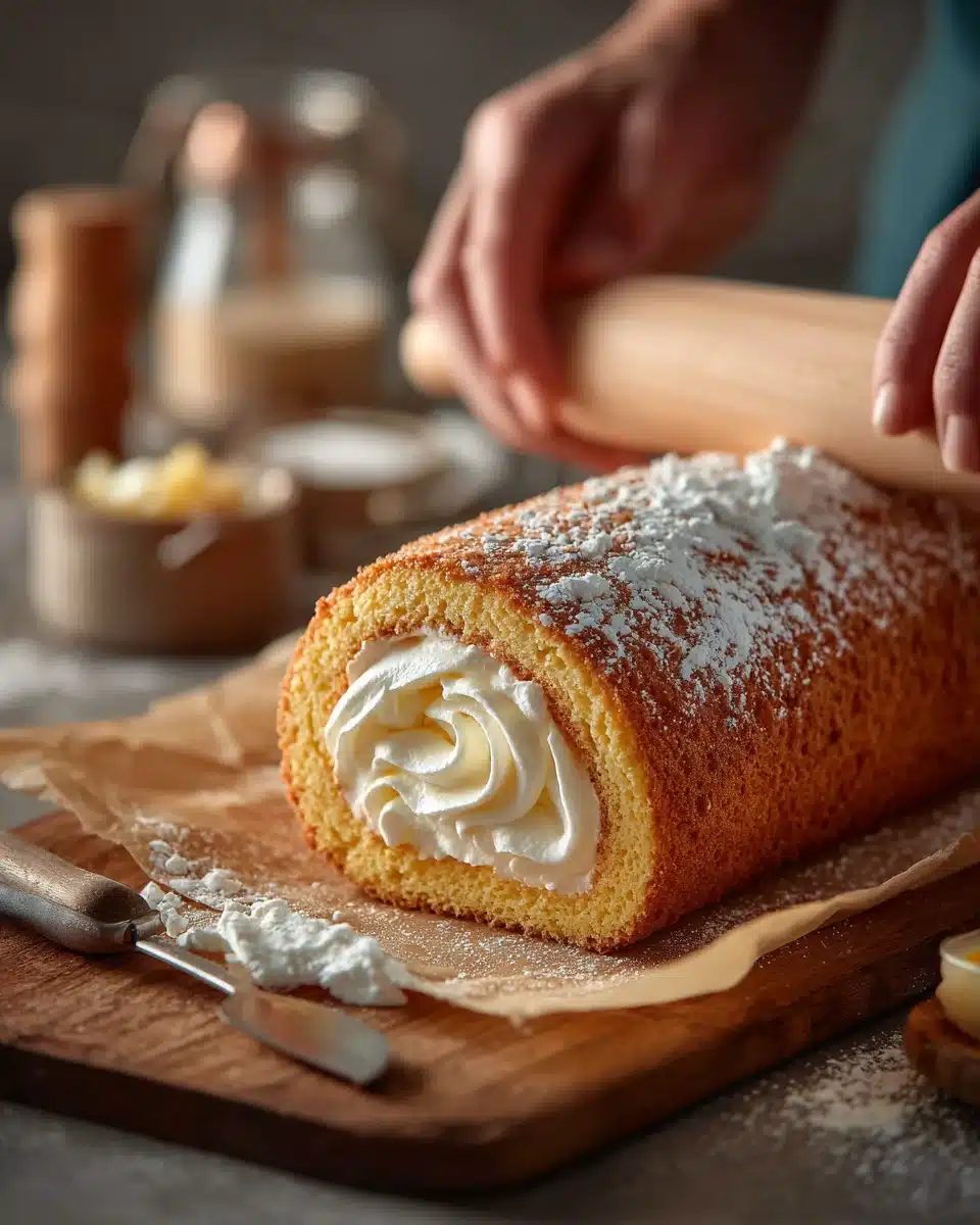 Rolling a lemon cream swiss roll cake with parchment paper