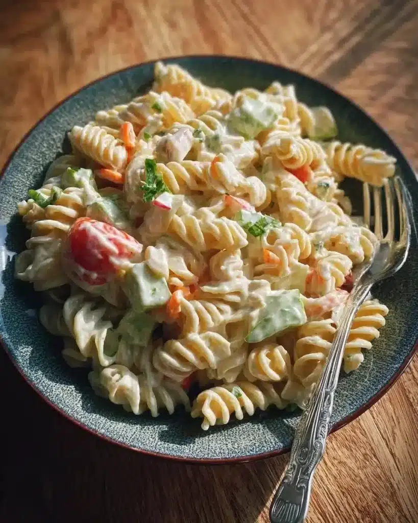 Delicious velvety cream pasta salad with fresh vegetables