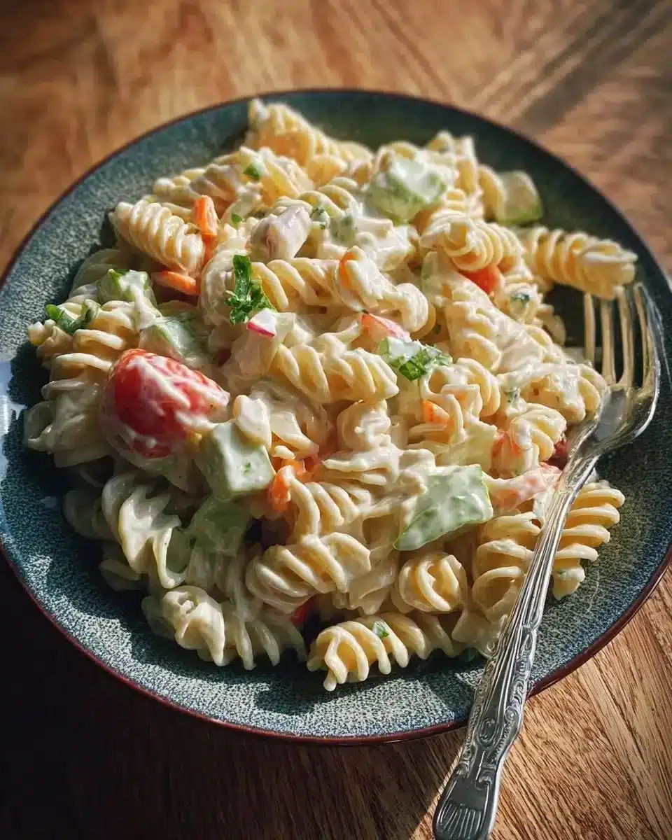 Delicious velvety cream pasta salad with fresh vegetables