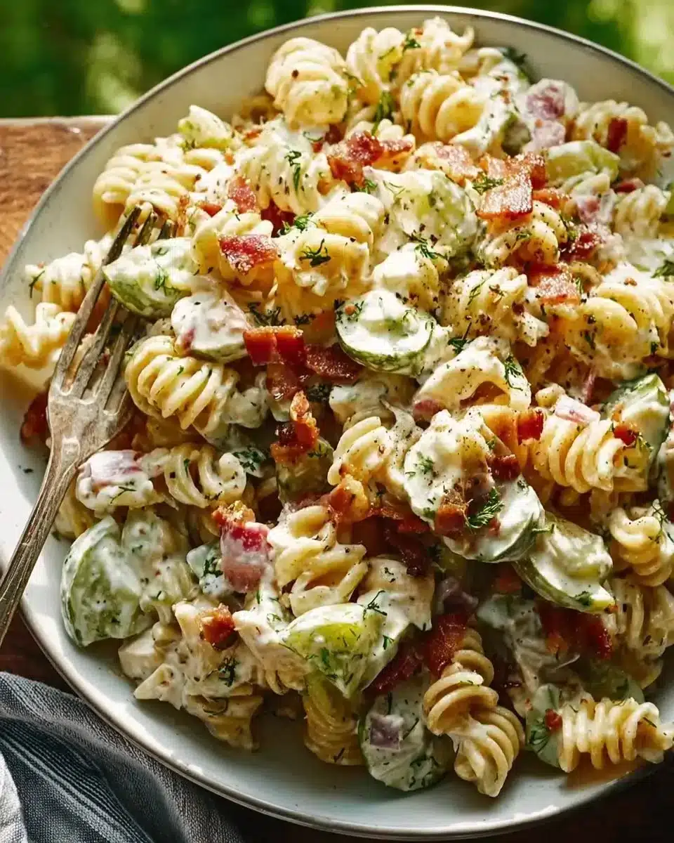 Zesty Dill-Pickle Bacon Pasta Salad served in a bowl with fresh herbs