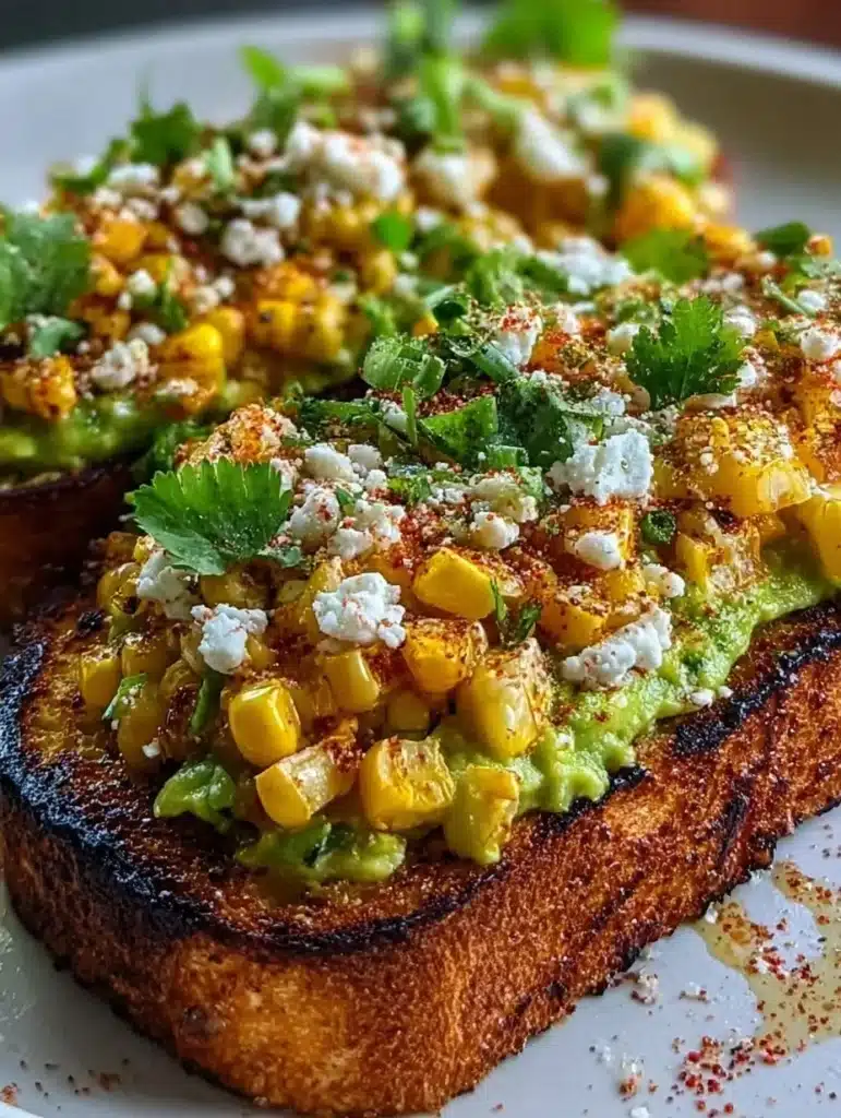 Avocado toast topped with Mexican street corn and garnished with cilantro.