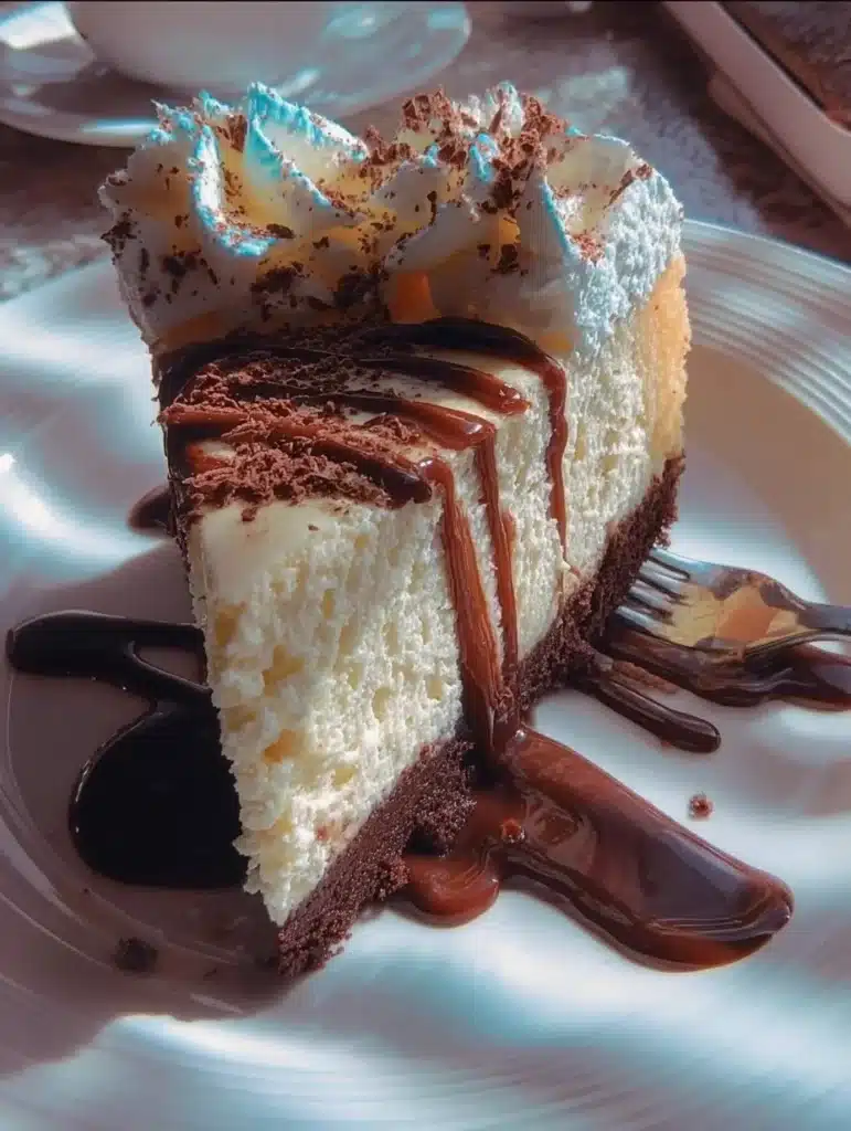 Delicious Baileys Irish Cream Cheesecake Cake topped with chocolate shavings.