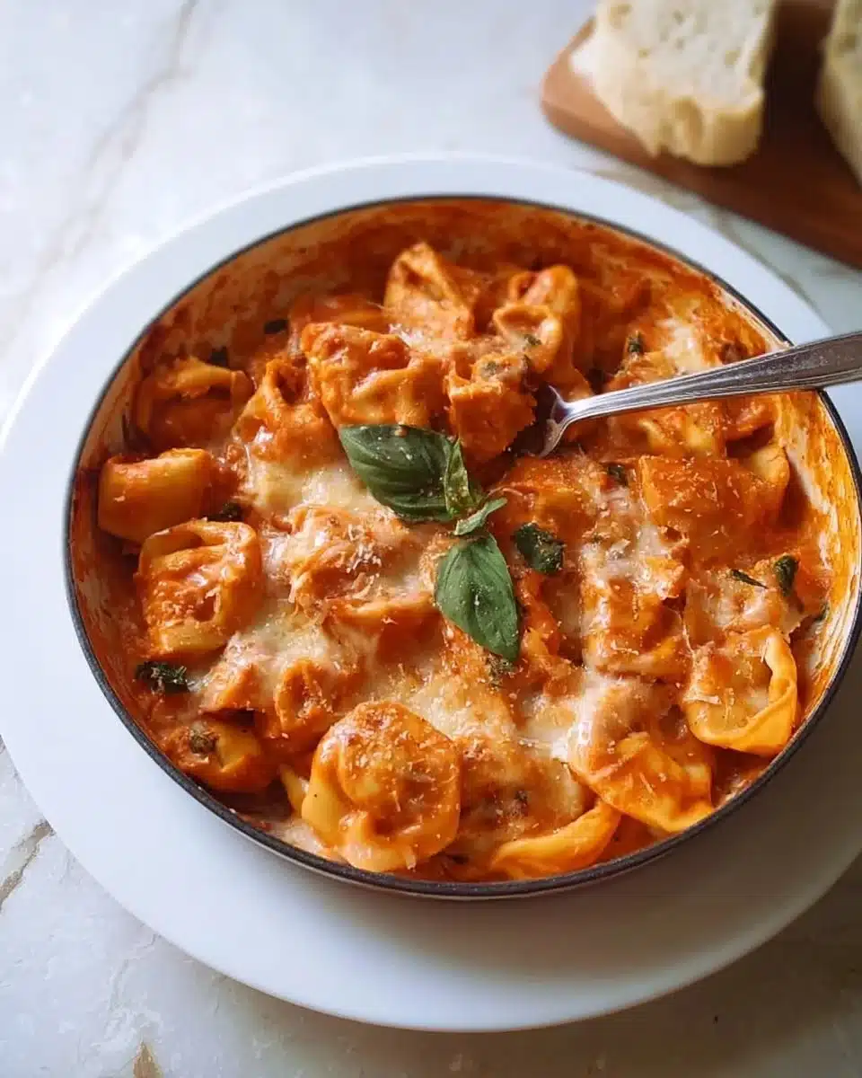 Baked tortellini in creamy vodka sauce topped with cheese