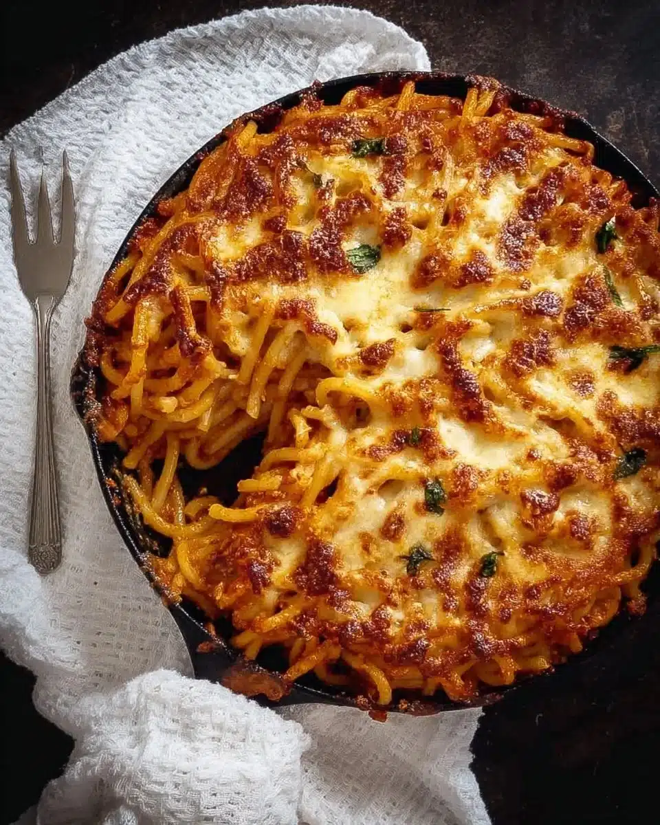 Delicious bucatini pie cooked in a skillet with fresh ingredients