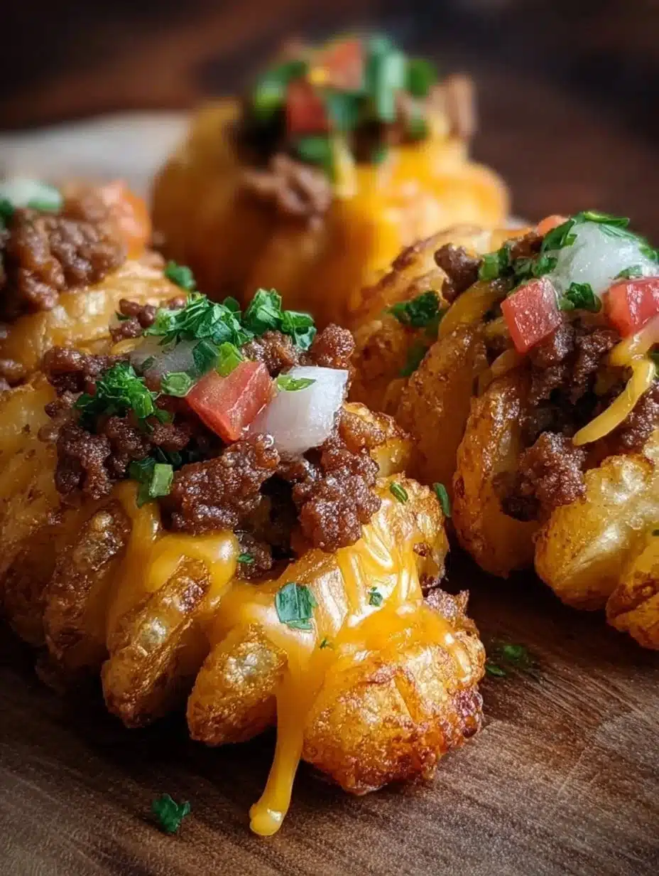 Cheeseburger-stuffed potato cones filled with beef, cheese, and toppings
