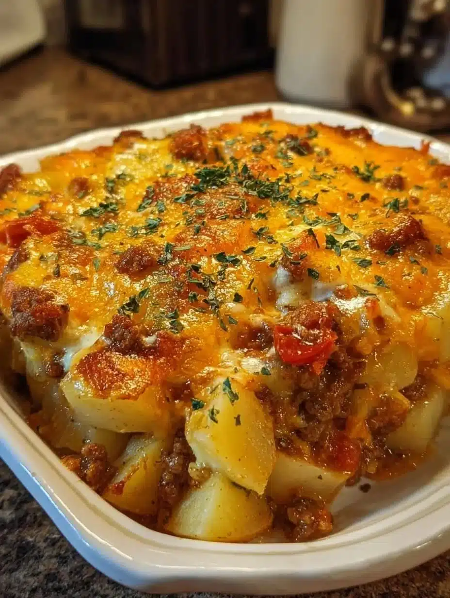 Hearty hobo-style casserole with cheesy potatoes served in a baking dish.