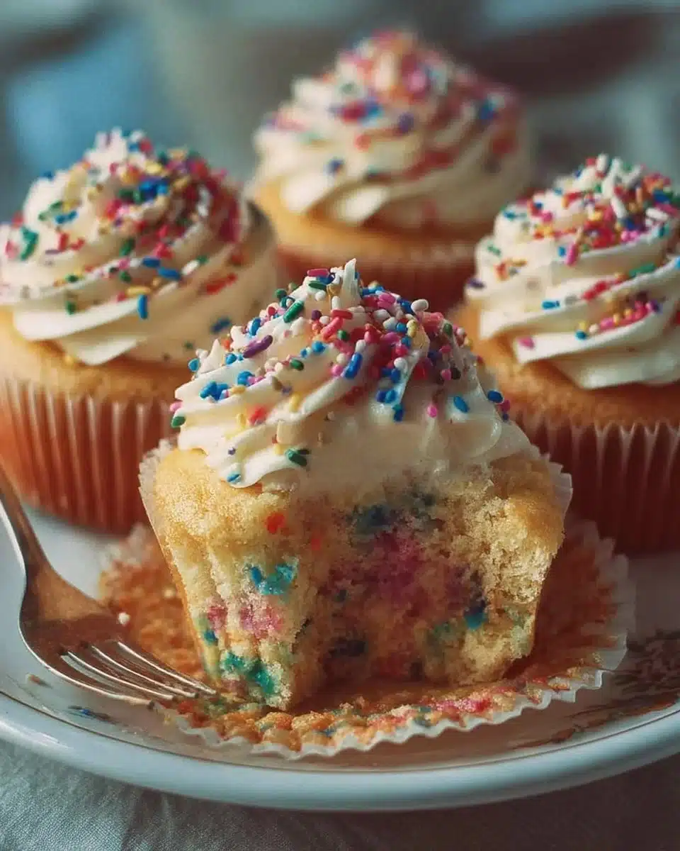 Delicious homemade Confetti Cupcakes with colorful sprinkles on top