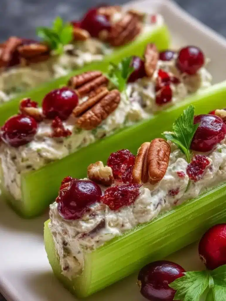 Cranberry pecan cream cheese stuffed celery sticks on a platter